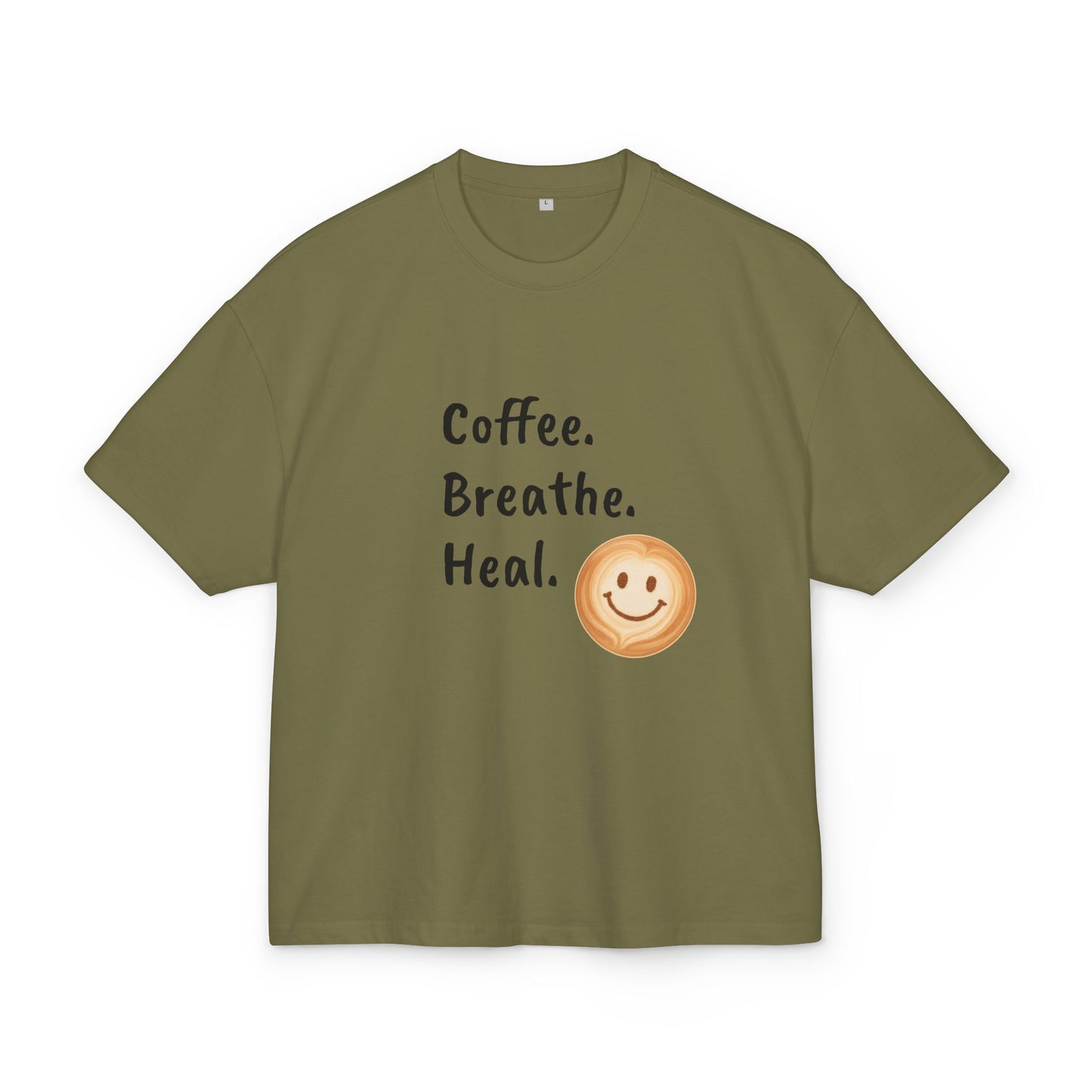 Coffee Breathe Heal Unisex Box Tee, Motivational Tee, Relaxed Fit T-Shirt, Casual Wear, Gift Idea for Wellness, Mental Health Awareness