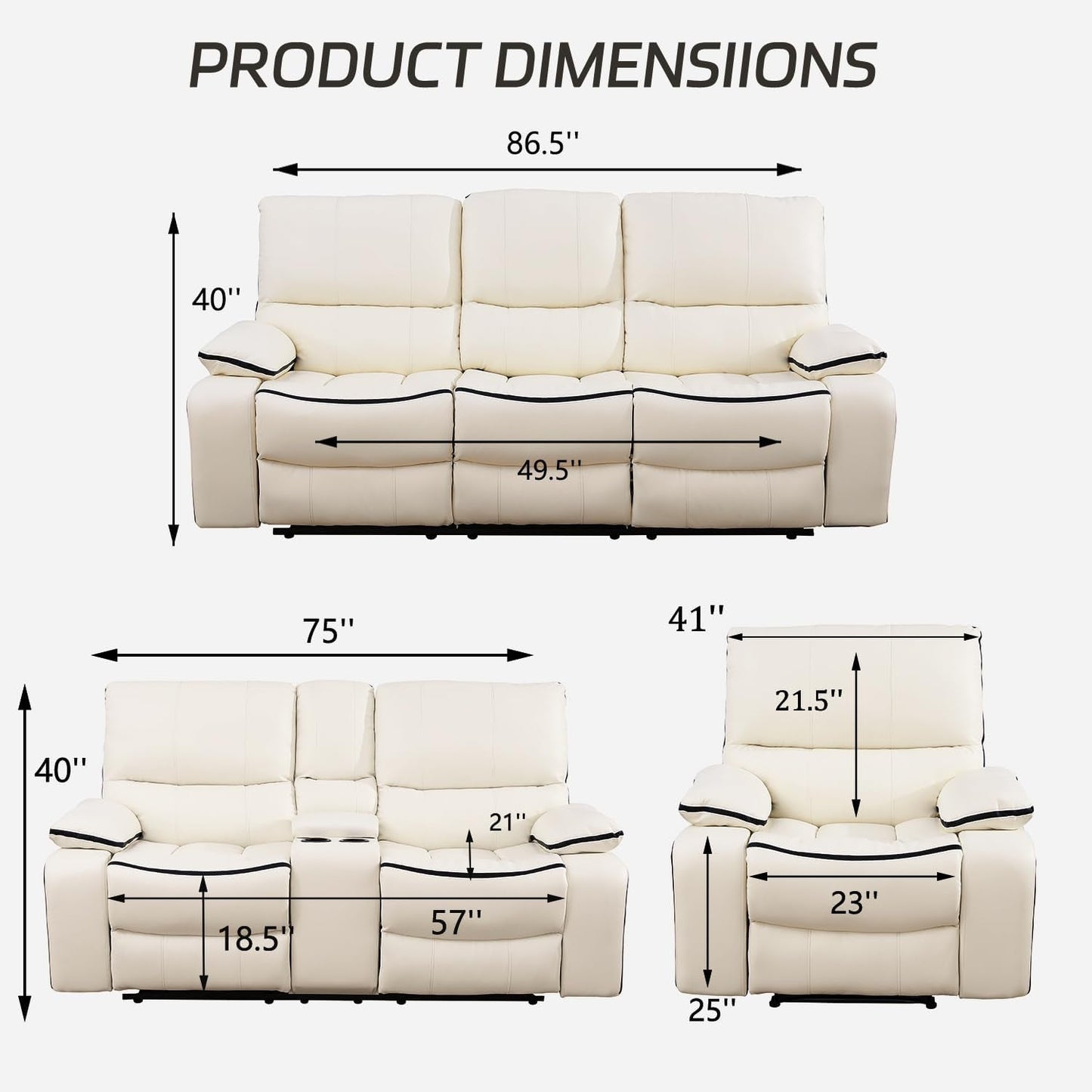 Leather Recliner Sofa Set, Leather Couch Set for Living Room, Living Room Furniture Set with Storage Console & Cup Holder for Living Room/Office (Recliner Couch Set) Creamy White