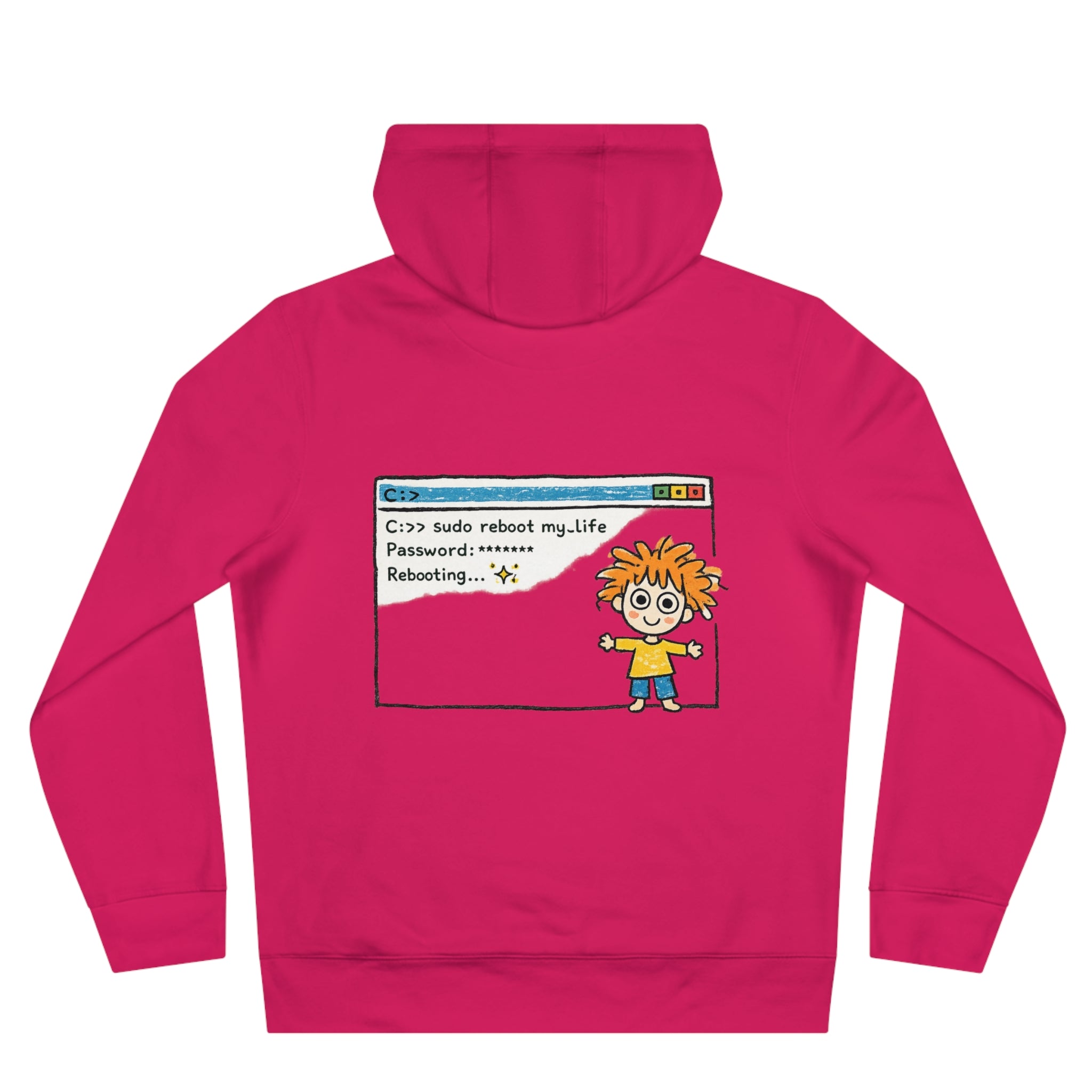 Reboot My Life cartoon popup Hoodie | Cute Kid character tech humor