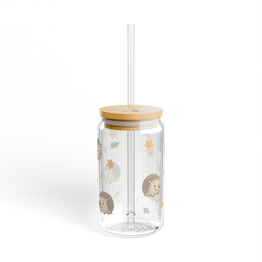 Hedgehog Sipper Glass, 16oz - Cute Animal Drinkware, Eco-Friendly Water Bottle, Fall Decor, Gift for Kids, Autumn Beverage Tumbler