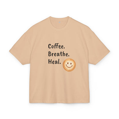 Coffee Breathe Heal Unisex Box Tee, Motivational Tee, Relaxed Fit T-Shirt, Casual Wear, Gift Idea for Wellness, Mental Health Awareness