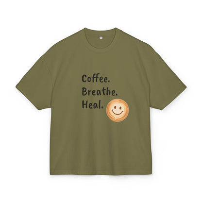 Coffee Breathe Heal Unisex Box Tee, Motivational Tee, Relaxed Fit T-Shirt, Casual Wear, Gift Idea for Wellness, Mental Health Awareness