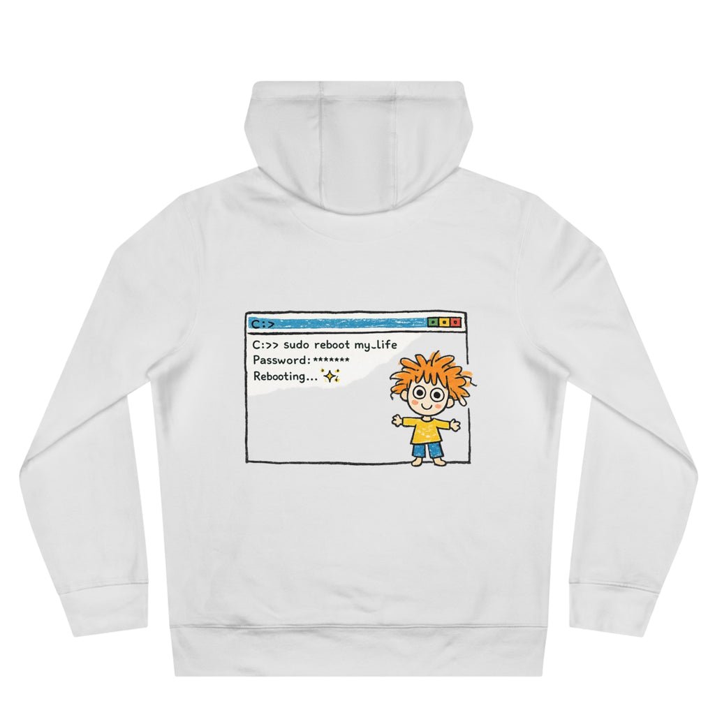 Reboot My Life cartoon popup Hoodie | Cute Kid character tech humor
