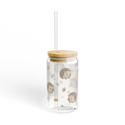 Hedgehog Sipper Glass, 16oz - Cute Animal Drinkware, Eco-Friendly Water Bottle, Fall Decor, Gift for Kids, Autumn Beverage Tumbler