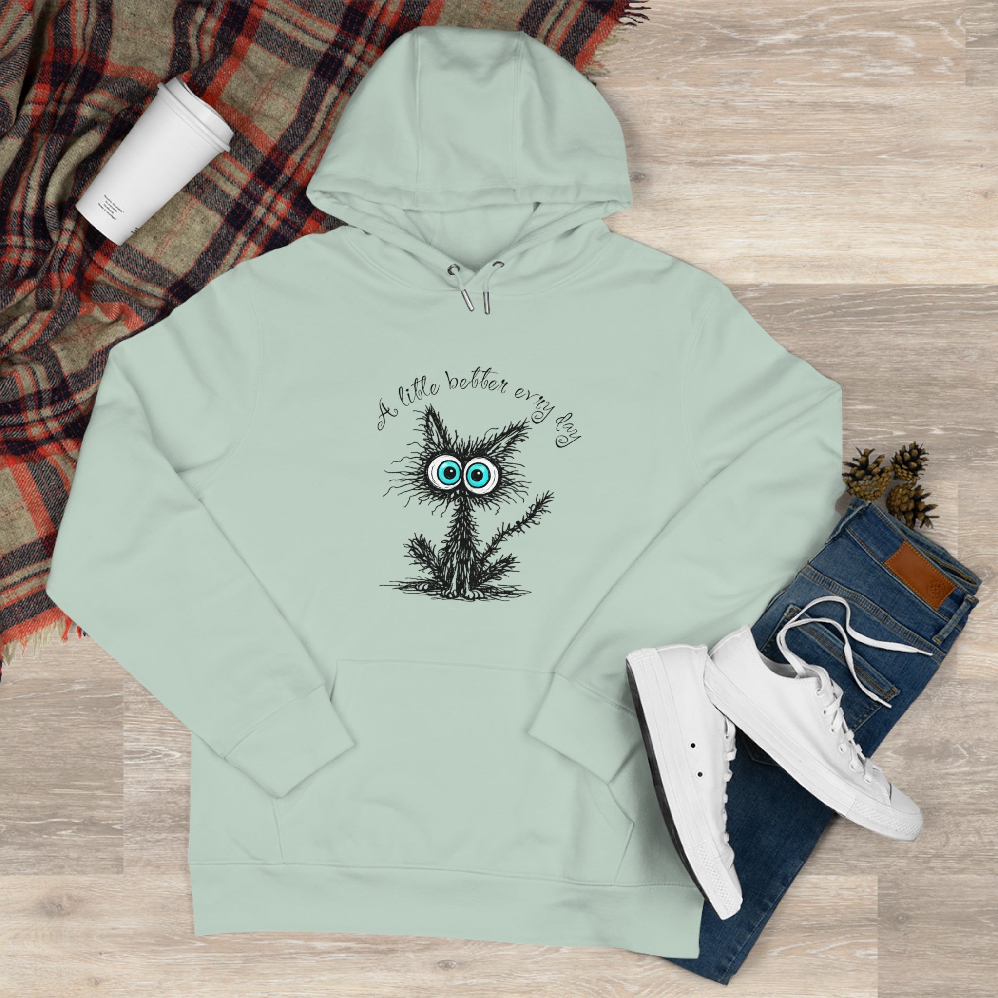 Blue Eyed Fuzzy Owl Illustration King Hooded Sweatshirt | Cute Owl Sketch Hoodie