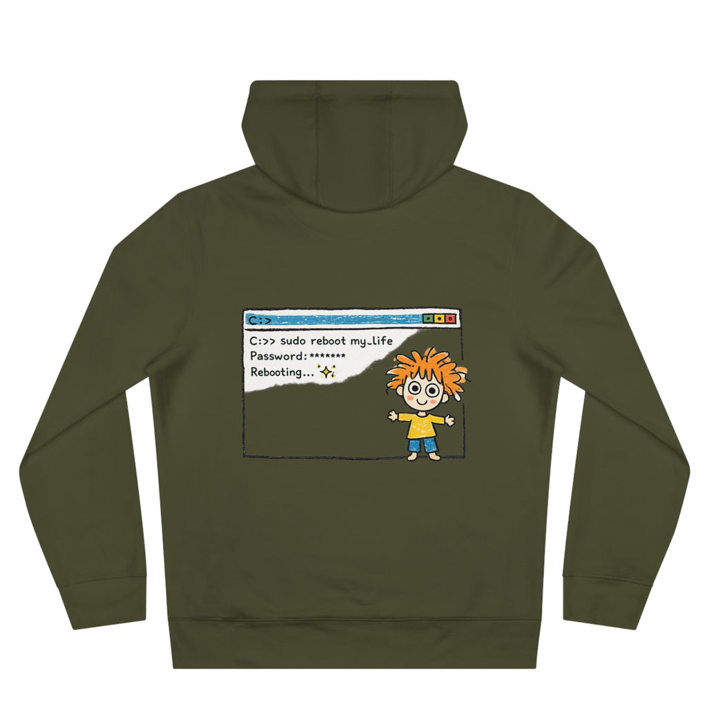 Reboot My Life cartoon popup Hoodie | Cute Kid character tech humor