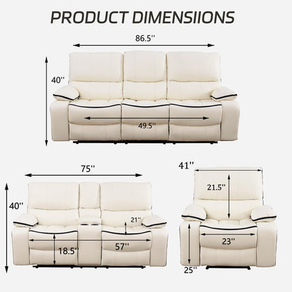 Leather Recliner Sofa Set, Leather Couch Set for Living Room, Living Room Furniture Set with Storage Console & Cup Holder for Living Room/Office (Recliner Couch Set) Creamy White