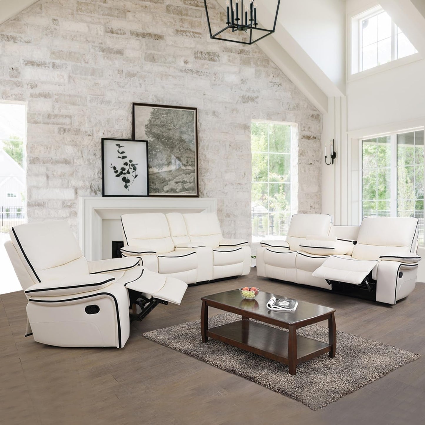 Leather Recliner Sofa Set, Leather Couch Set for Living Room, Living Room Furniture Set with Storage Console & Cup Holder for Living Room/Office (Recliner Couch Set) Creamy White